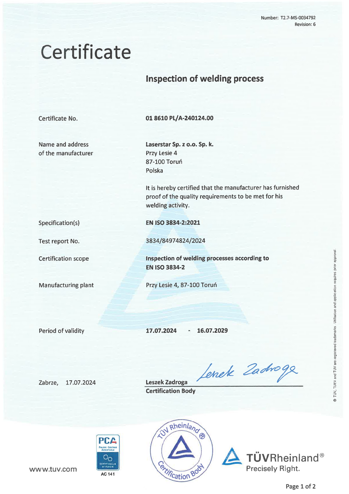 EN CERTYFIKAT EN ISO 3834 Laserstar Sp. z o.o. Sp. k. EN